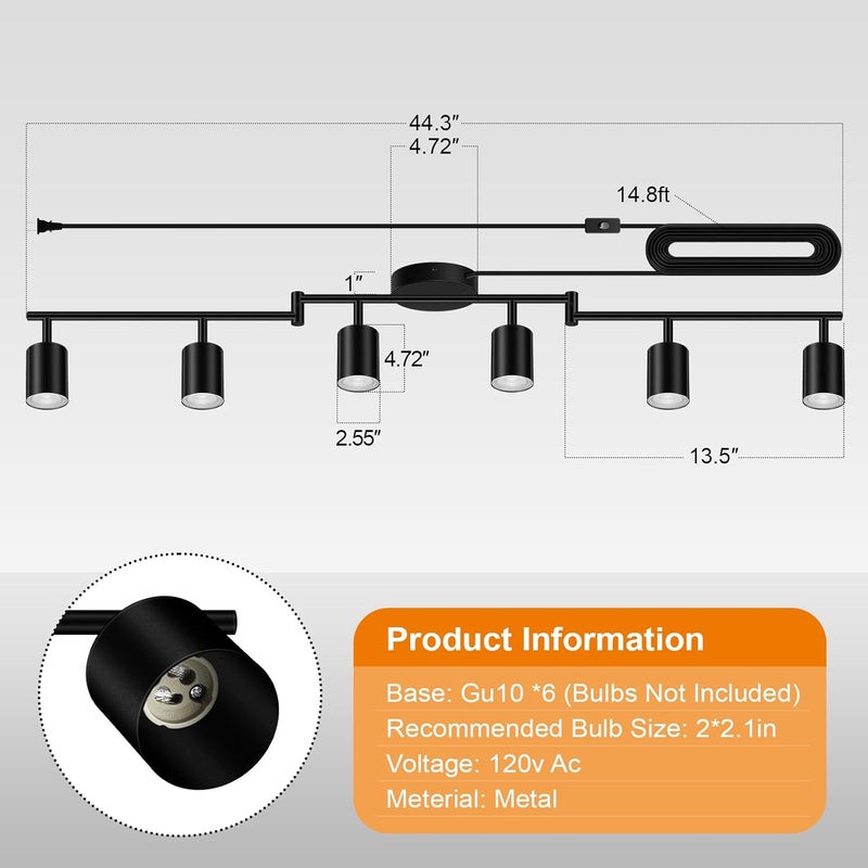AUQUEE Plug in Track Lighting, LED Track Lighting Fixtures Ceiling, Black 6-Light Kitchen Light Kit, Plug in Wall Light with 14.8ft Power Cord, Rotatable Ceiling Spotlight for Bedroom(GU10 Socket, NO Bulb) - Image 2
